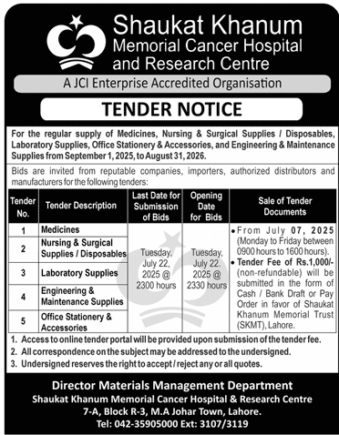 Shaukat Khanum Memorial Hospital & Research Center Lahore Tender Notice